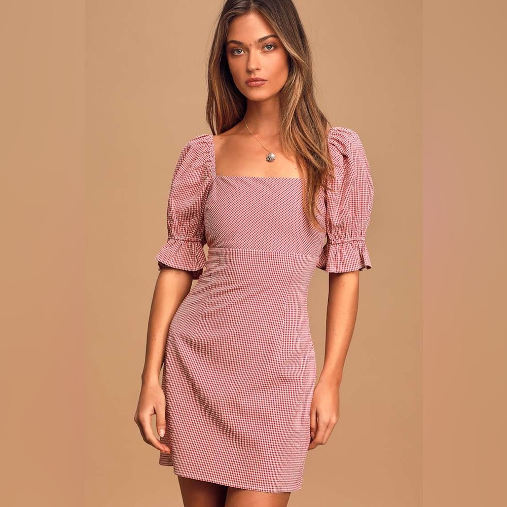 Lulu's Such a Sweetie Red Gingham Seersucker Puff Sleeve Mini Dress